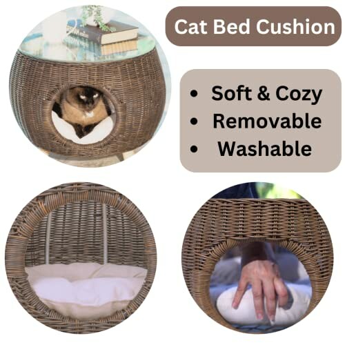 Wicker cat bed cushion with removable, washable features.