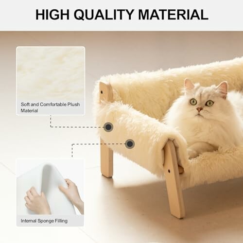 Fluffy cat on a plush cat bed with soft material features.