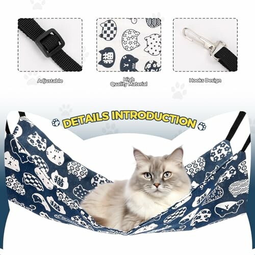 Cat sitting in a patterned hammock with product features.