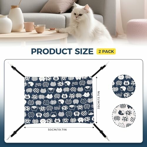 White cat observing blue hammock with cat pattern, product dimensions shown.