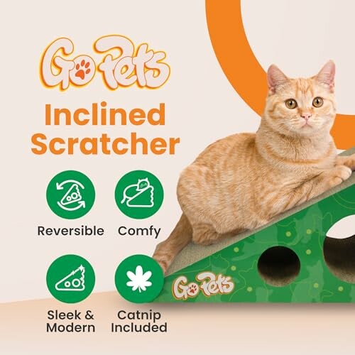 Orange cat on inclined scratcher with product features