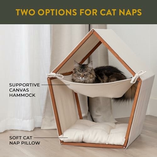 Cat resting in a hammock above a soft pillow inside a small house frame.