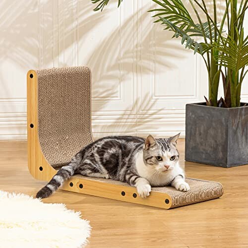 Cat lounging on a wooden and carpeted scratcher next to a potted plant.