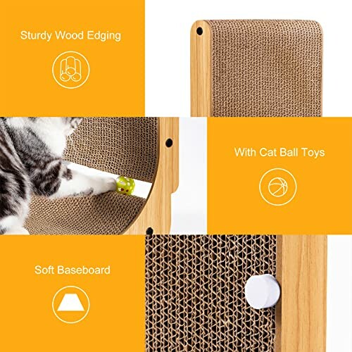 Cat scratcher with sturdy wood edging, cat ball toys, and soft baseboard.