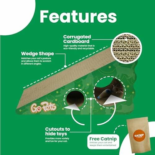 Features of a cat toy with wedge shape, corrugated cardboard, and cutouts to hide toys