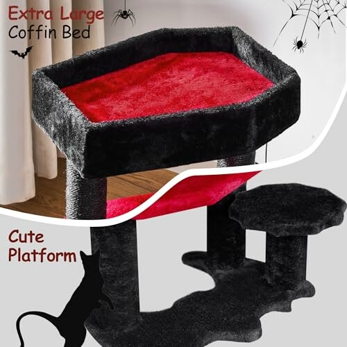 Extra large coffin-shaped cat bed with red and black design and cute platform.