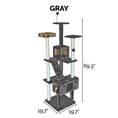 Gray cat tree tower with multiple levels and scratching posts.