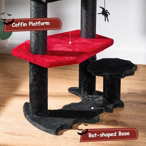 Halloween-themed cat tree with coffin platform and bat-shaped base.