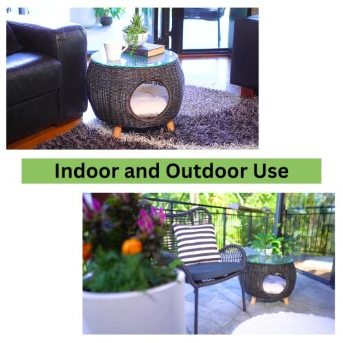 Rattan side table used indoors and outdoors.