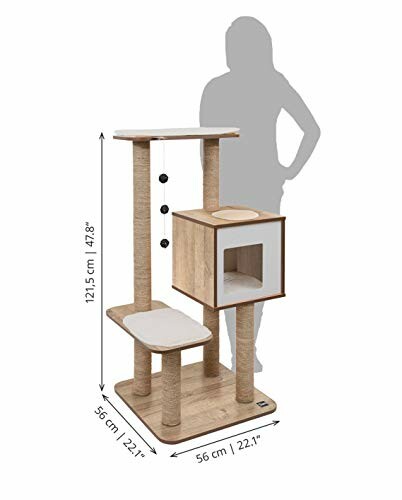 Modern cat tree with multiple platforms and a cubby, silhouette of a person for scale.