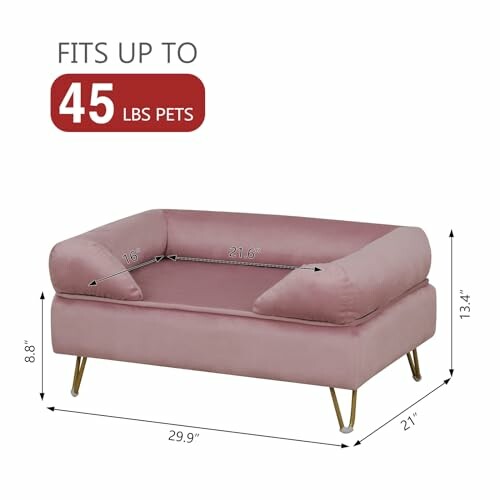 Pink pet sofa with dimensions for pets up to 45 lbs.