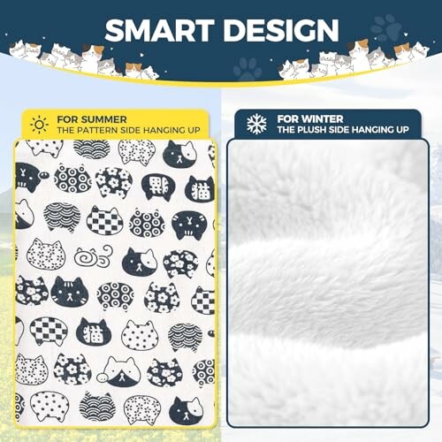 Dual design for summer and winter with cat patterns and plush fabric.